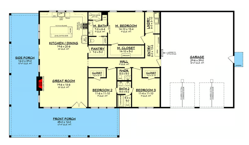 Floor plan drawing for Plan 51942HZ — 3 bedroom, 2.5 bathroom, 2,000 square feet