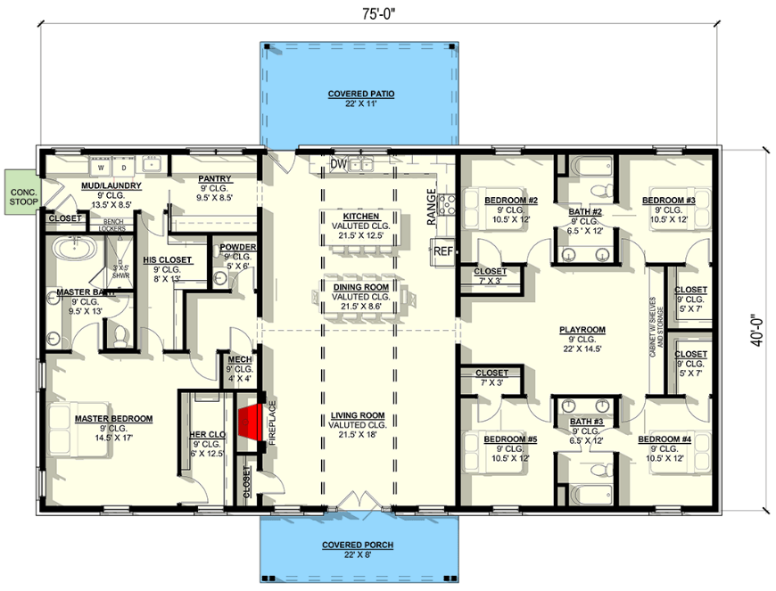 Floor plan drawing for Plan 405040FDC — 5 bedroom, 5 bathroom, 3,000 square feet