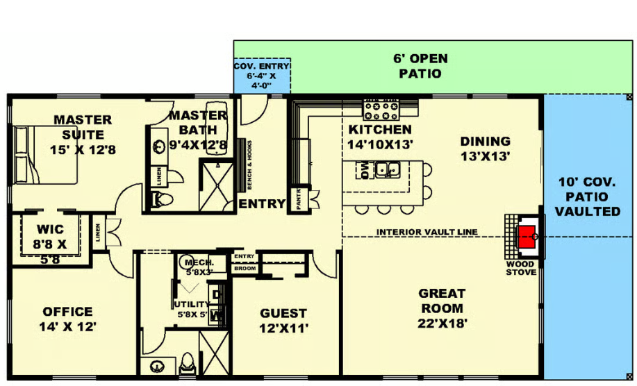 Floor plan drawing for Plan 35076GH — 2 bedroom, 2 bathroom, 1,920 square feet
