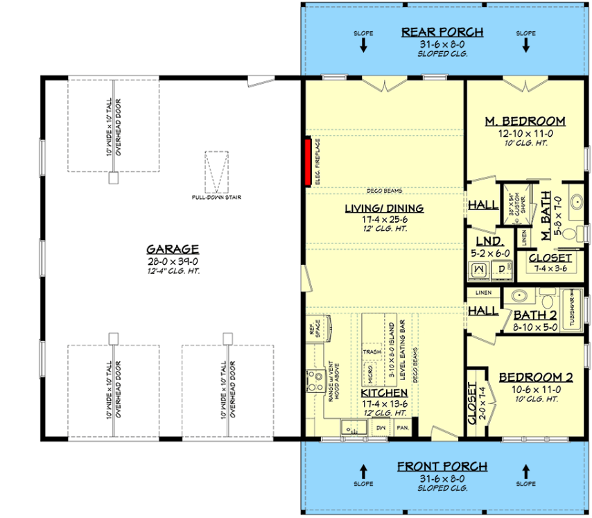 Floor plan drawing for Plan 52012HZ — 2 bedroom, 2.5 bathroom, 1,260 square feet