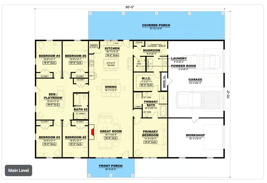 Floor plan drawing for Plan 810012RBT — 5 bedroom, 3.5 bathroom, 2,800 square feet