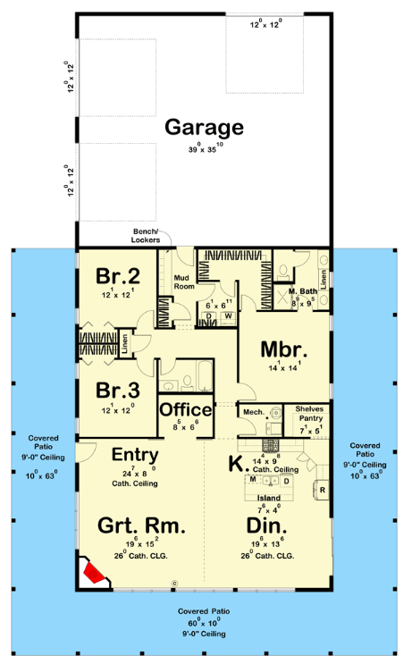 Floor plan drawing for Plan 623113DJ — 3 bedroom, 2 bathroom, 2,113 square feet