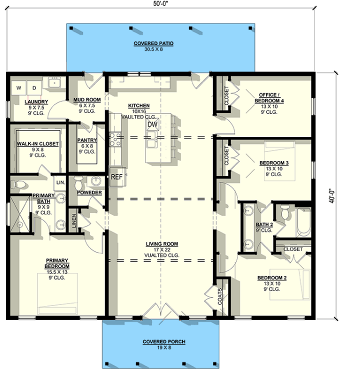 Floor plan drawing for Plan 405020FDC — 4 bedroom, 2.5 bathroom, 2,000 square feet