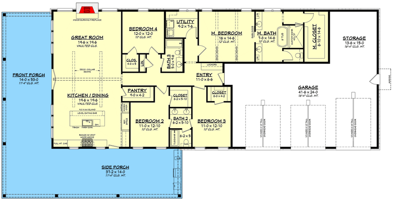 Floor plan drawing for Plan 51951HZ — 4 bedroom, 3 bathroom, 2,500 square feet