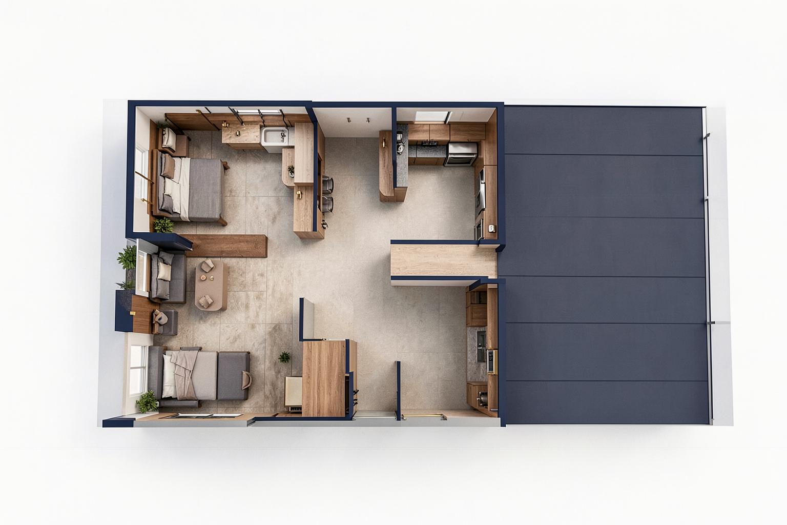 Conceptual top-down barndominium layout with living space and an attached shop