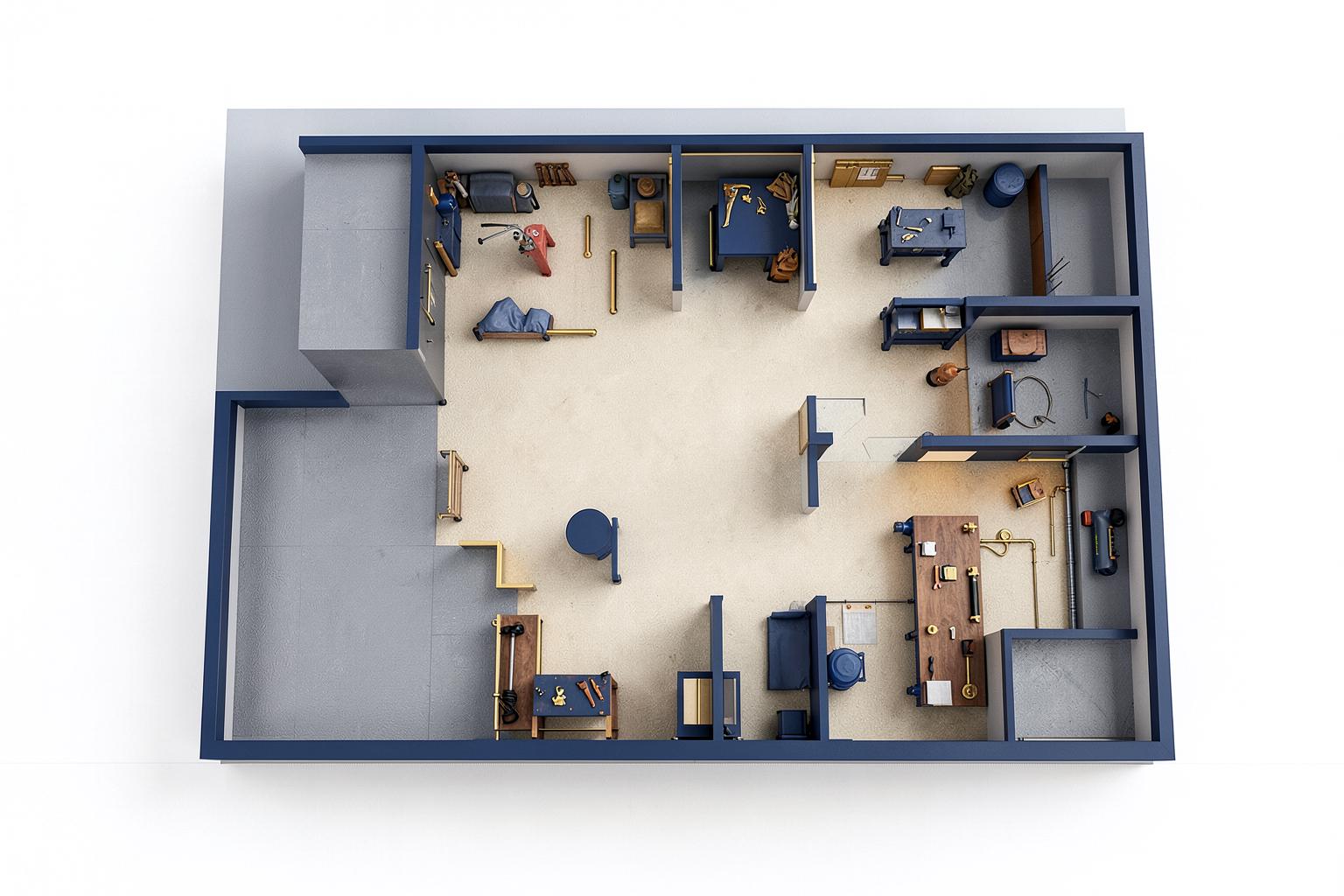 Conceptual top-down garage and workshop layout with work and storage zones