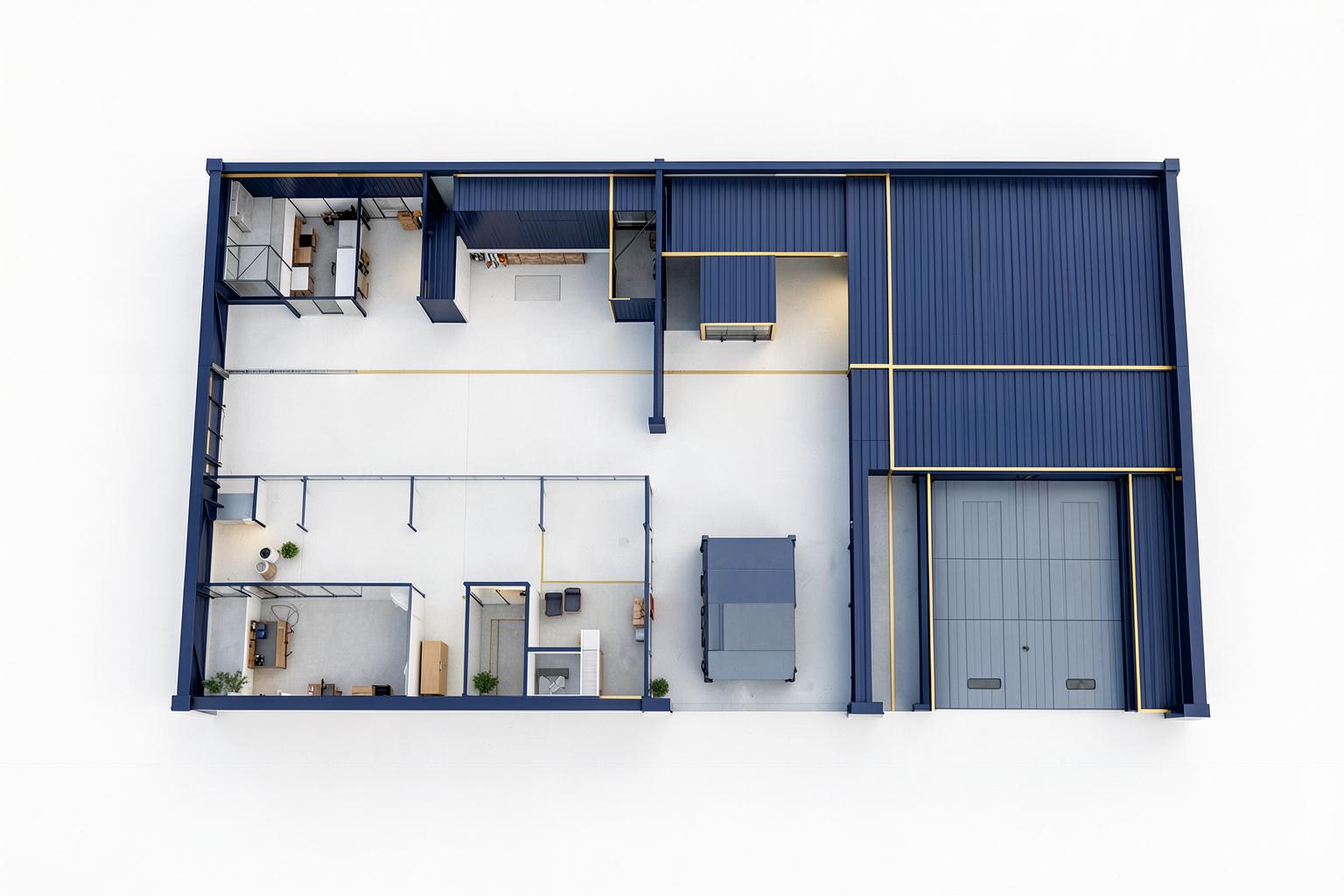 Conceptual top-down metal building layout with office, storage, and vehicle bays